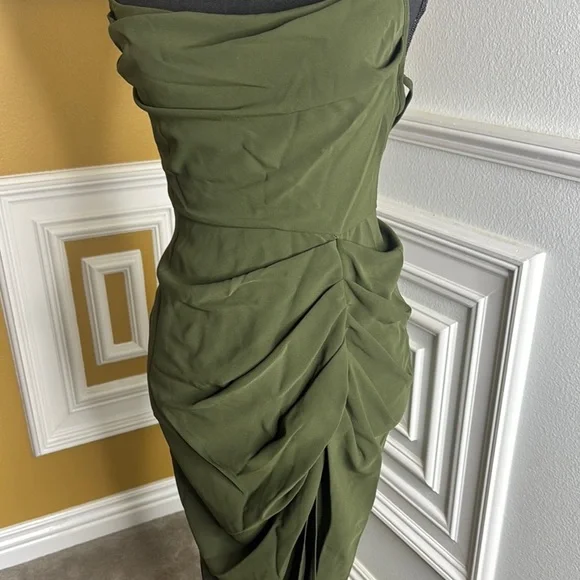 Elegant Olive Green Ruched Dress - Picture 5 of 9